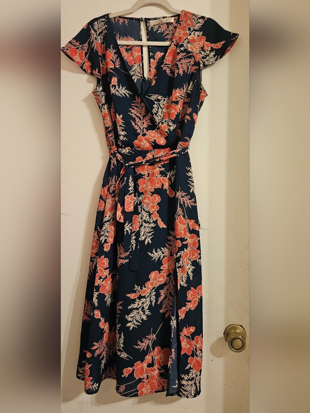 ROW A Floral Wrap Midi Dress Large Navy Coral Front Slit Tie Waist